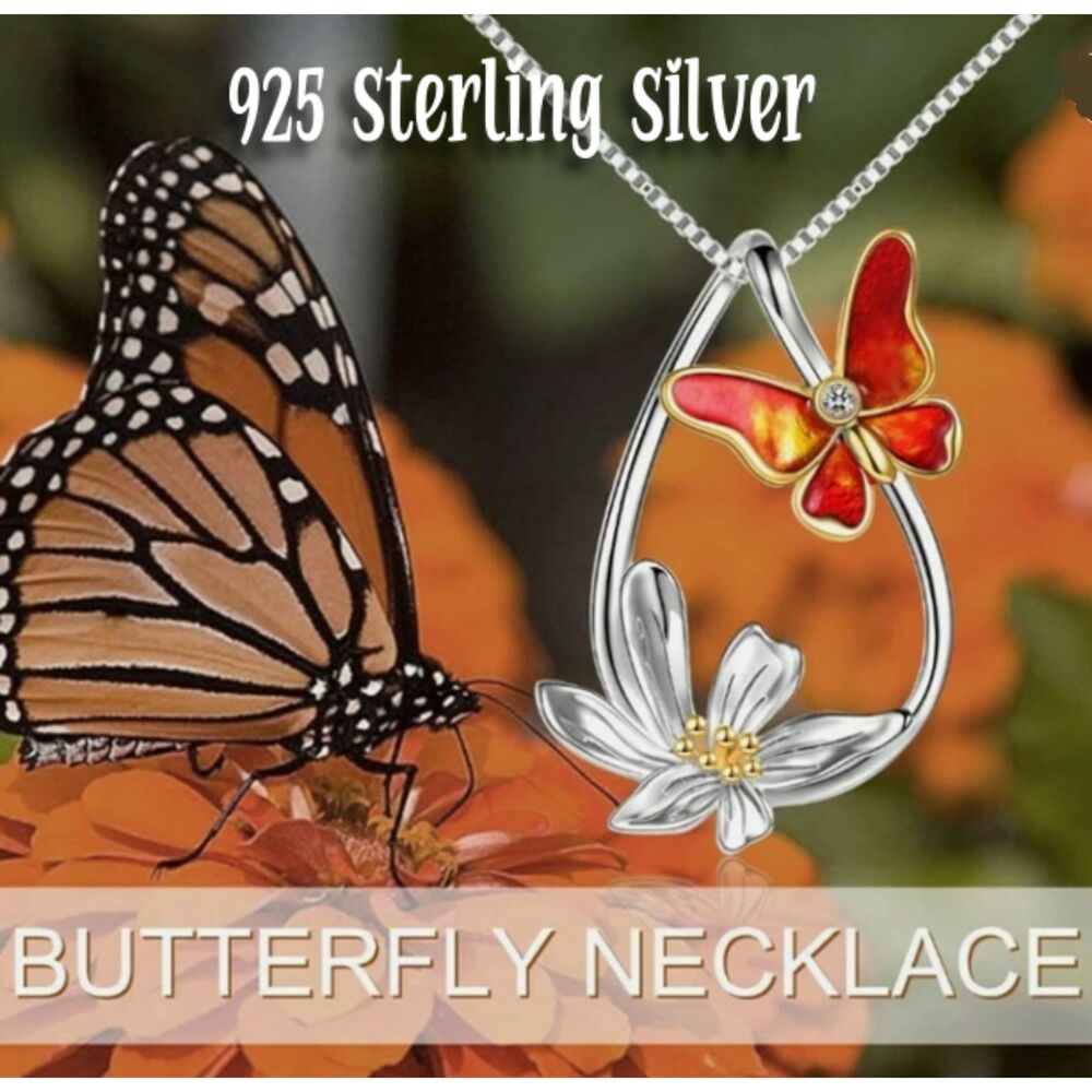 925 Sterling Silver Teardrop RED Enamel Butterfly & Daisy Flower Necklace